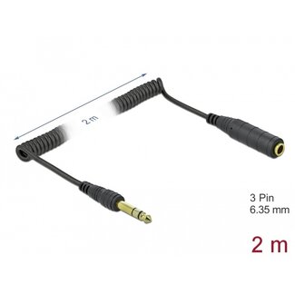 DeLOCK Delock Spiralkabel Verlängerung 3-pol 6,35 mm Stereo Klinke Stecker auf Buchse 2 m Schwarz