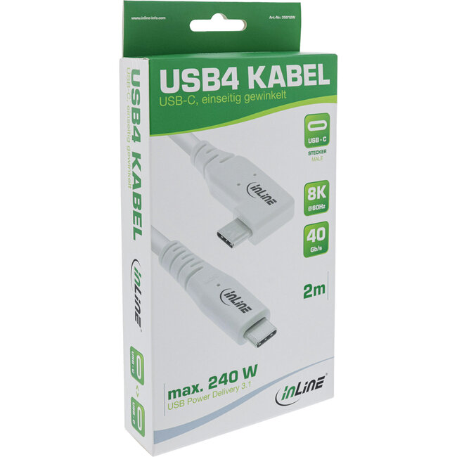 InLine® USB4-Kabel, USB-C, einseitig gewinkelt, PD 240W, 8K60Hz, TPE, weiß, 2m