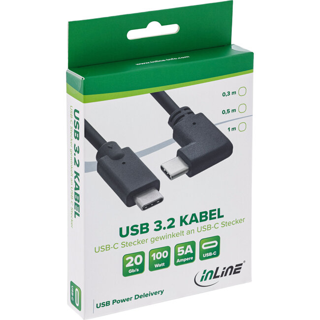 InLine® USB-C Kabel, gewinkelt, USB 3.2 Gen 2x2, 20Gb/s, 100W, schwarz, 0,5m