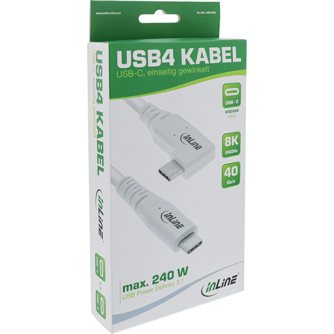 InLine® USB4-Kabel USB-C, einseitig gewinkelt, PD 240W, 8K60Hz, TPE, weiß, 0,5m