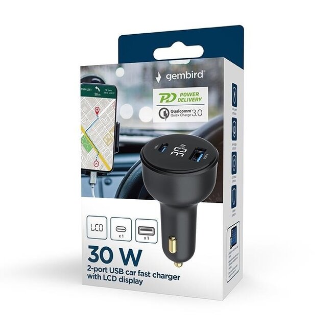 Gembird USB Auto-Ladegerät mit Display | USB-C PD & USB-A QC | 30W