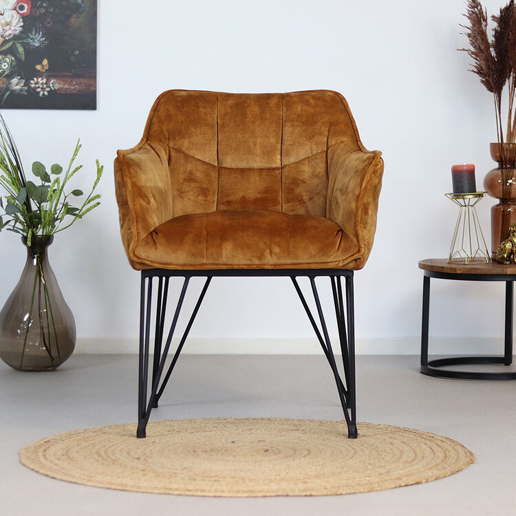 Velvet eetkamerstoel Jayron oker geel/cognac