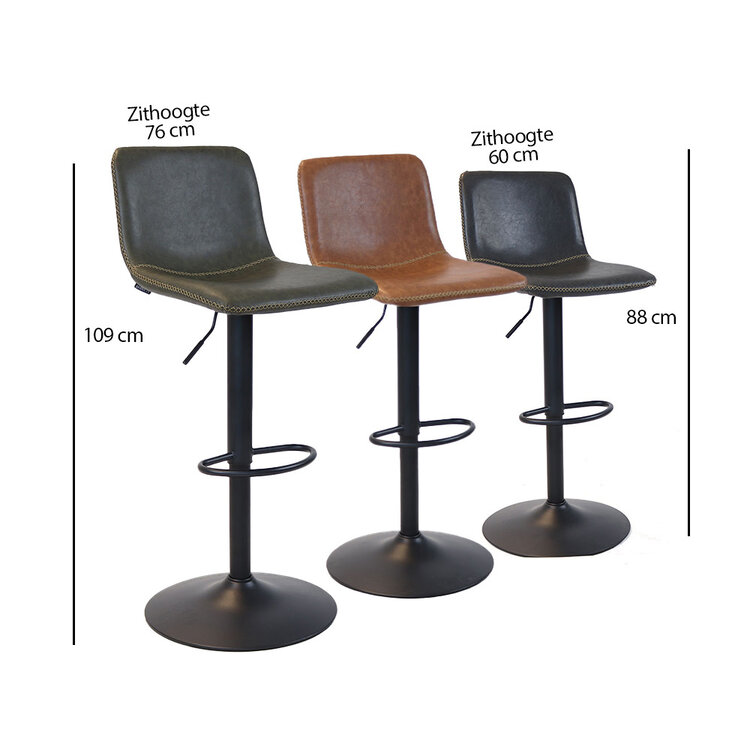 Industriële Barkruk Texas draaibaar eco-leer cognac 60-76cm