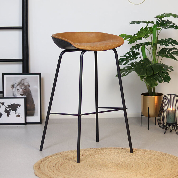 Industriële barkruk Minimal cognac/zwart PU leer 77 cm