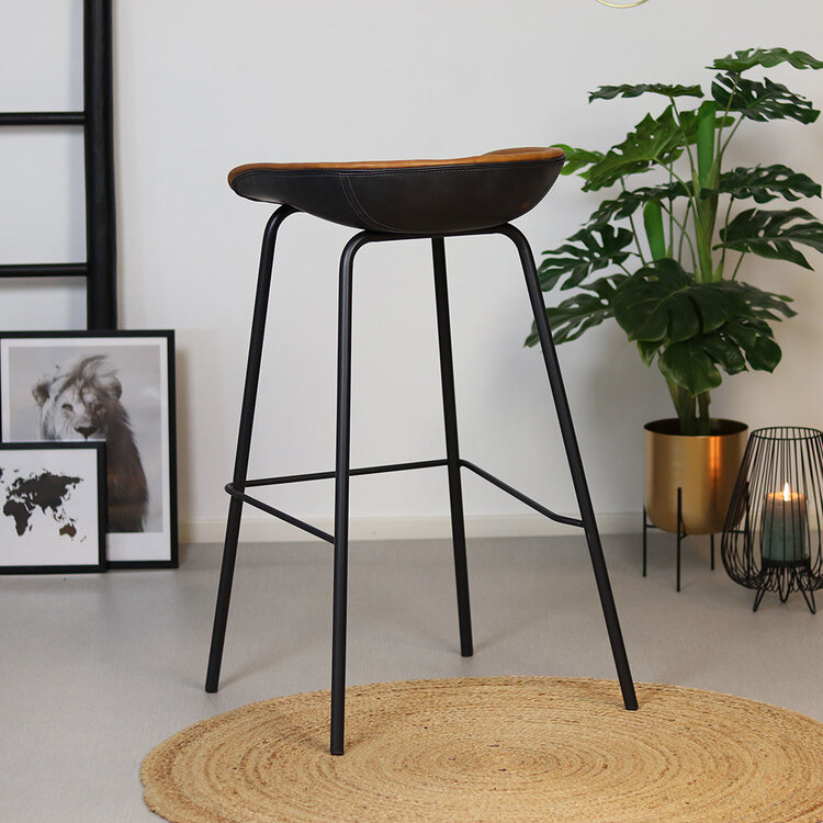 Industriële barkruk Minimal cognac/zwart PU leer 77 cm