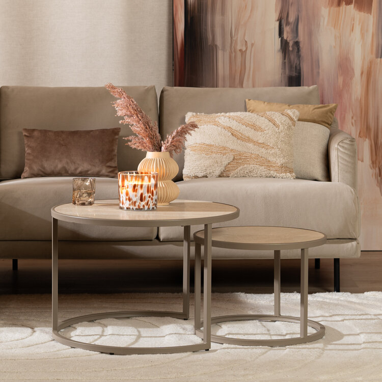 Salontafel Sef set van 2 Ø70 cm en Ø50 cm taupe/travertin