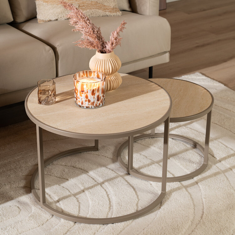 Salontafel Sef set van 2 Ø70 cm en Ø50 cm taupe/travertin