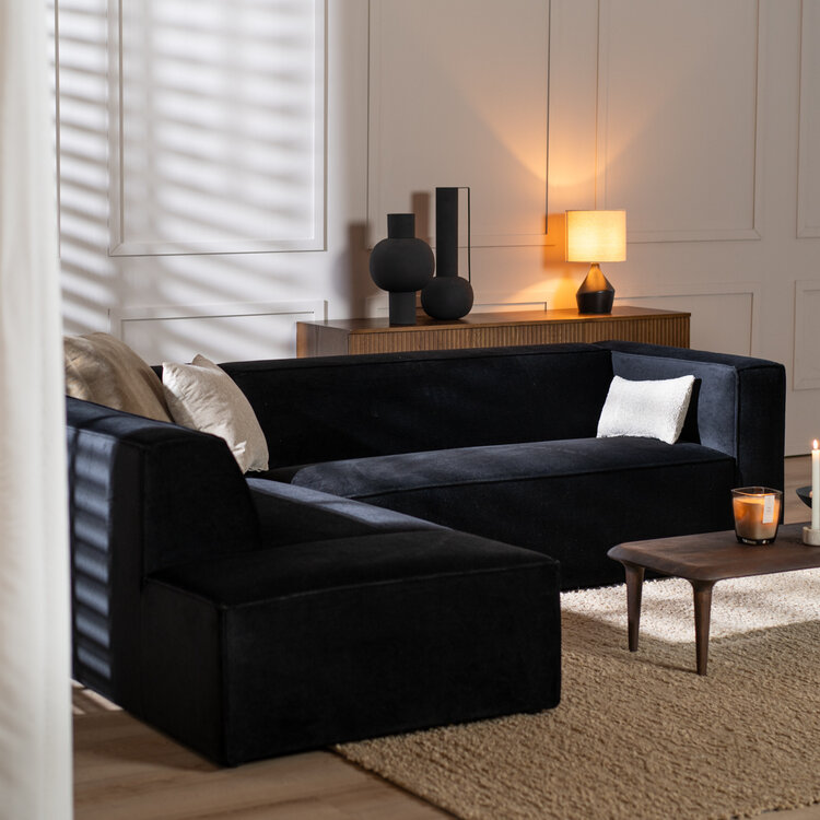 Velvet hoekbank Memphis zwart links