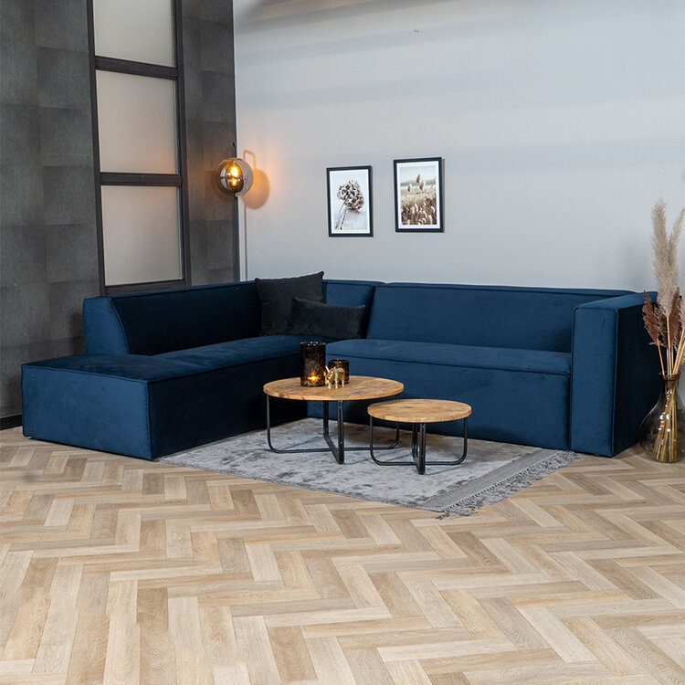 Velvet hoekbank Memphis blauw links