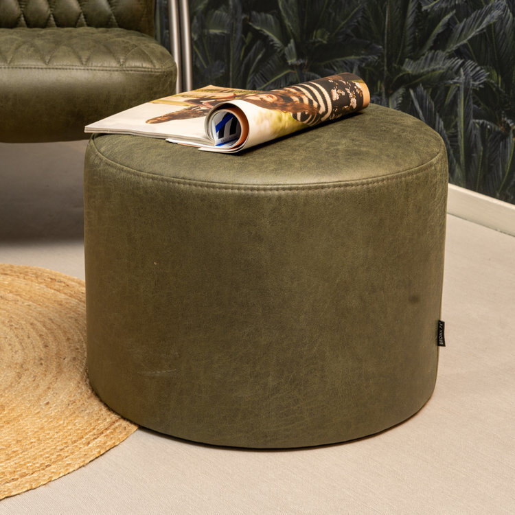 Industriële fauteuil Ivy en poef Kyla eco-leer olijfgroen