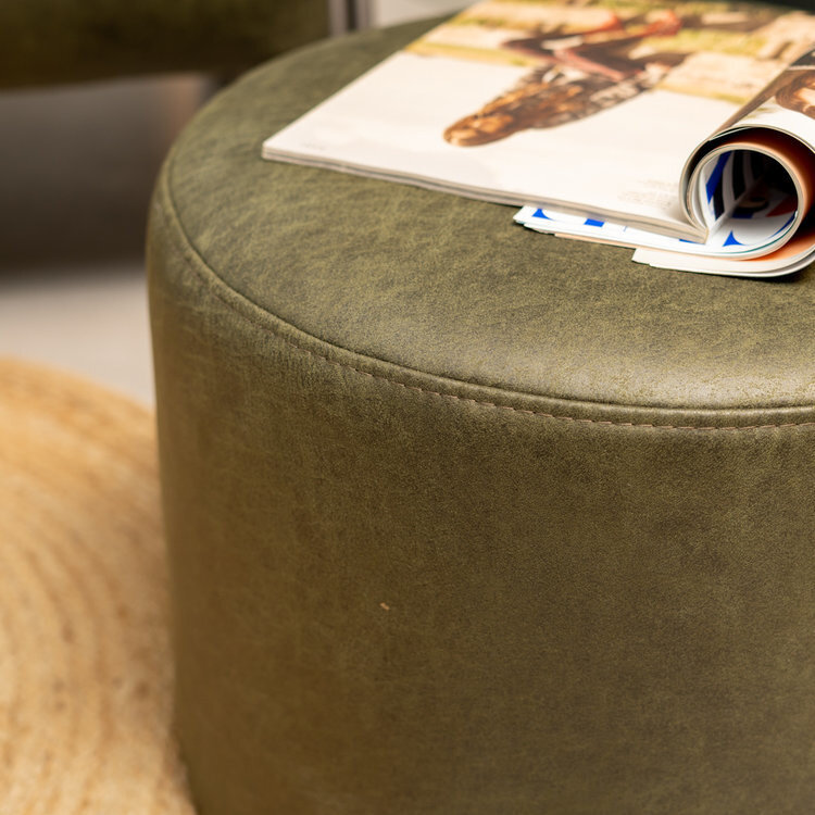 Industriële fauteuil Ivy en poef Kyla eco-leer olijfgroen