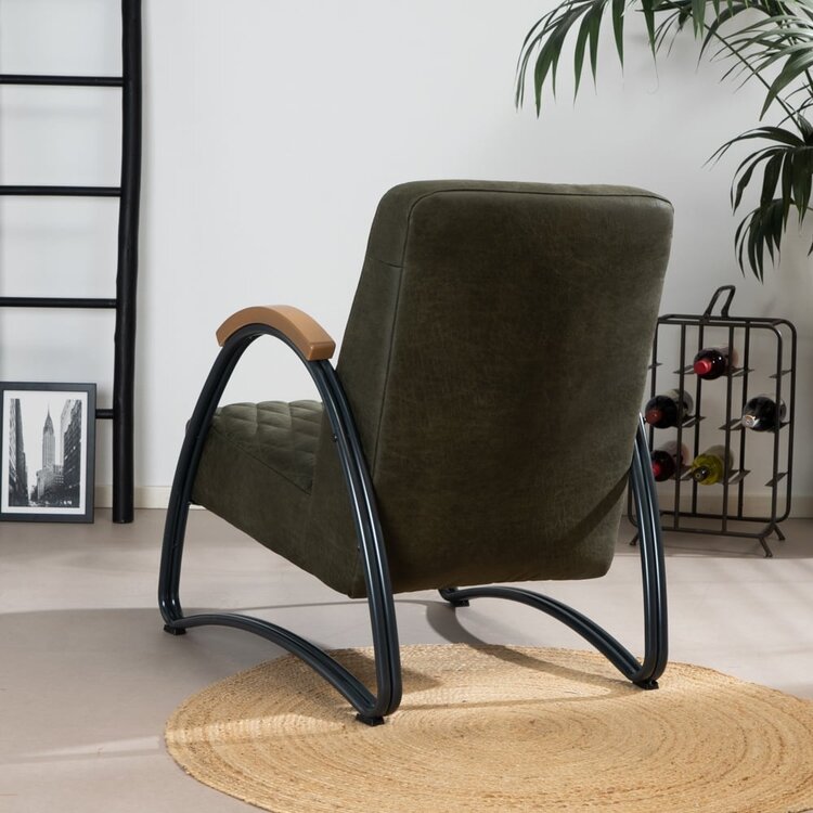 Industriële fauteuil Ivy en poef Kyla eco-leer olijfgroen