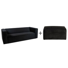 Velvet bank 3-zits en hocker Memphis zwart