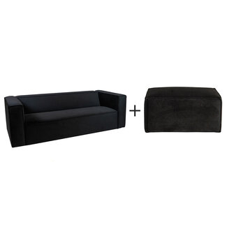 Velvet bank 3-zits en hocker Memphis zwart