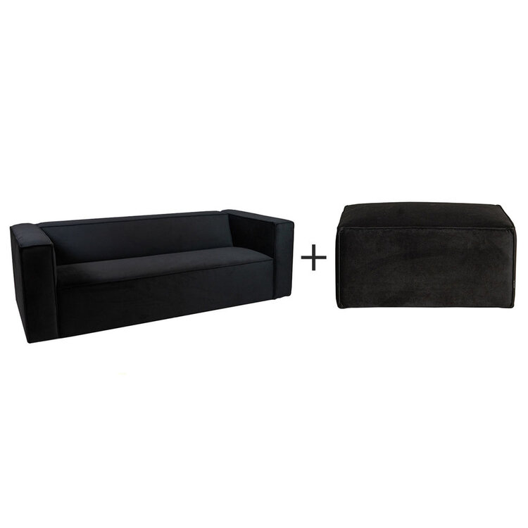 Velvet bank 3-zits en hocker Memphis zwart