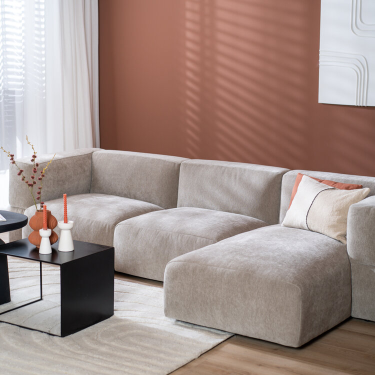 Scandinavische hoekbank Karla taupe rechts 3-zits