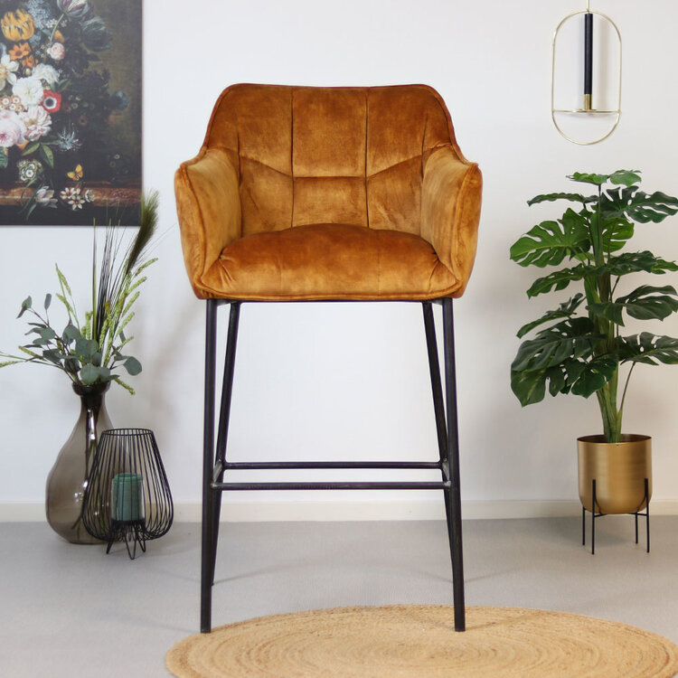Velvet barkruk Jayron okergeel/ cognac 82 cm
