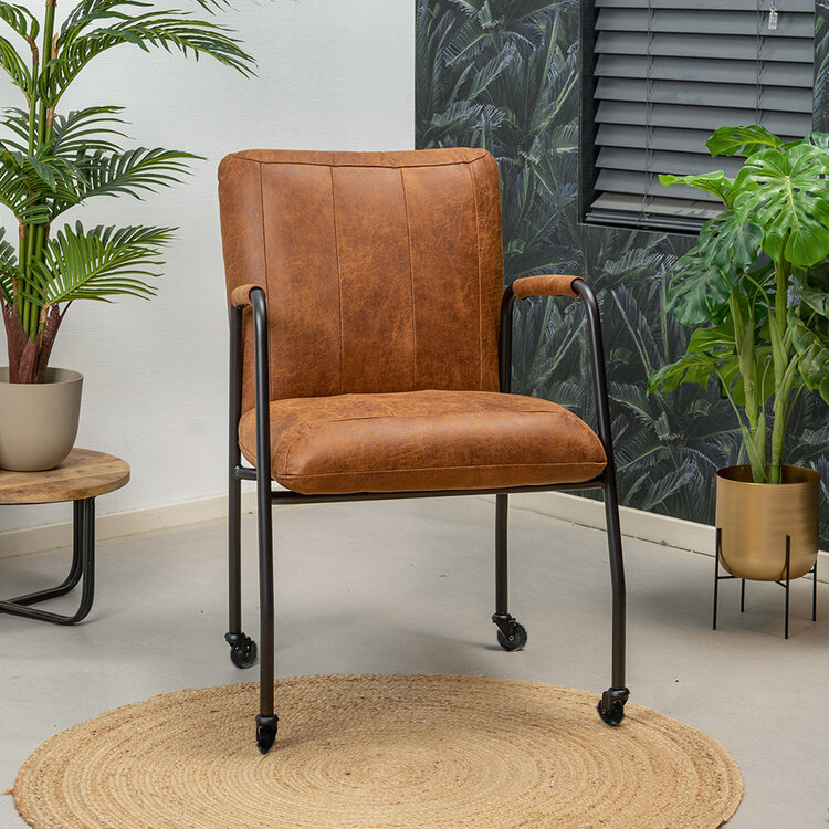 Eetkamerstoel met wieltjes Mila eco-leer cognac