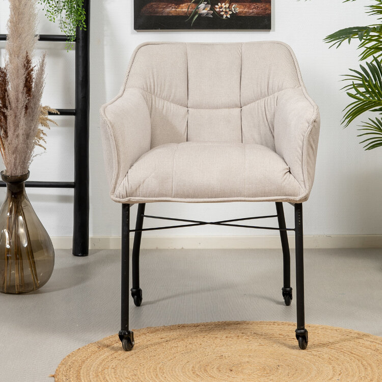 Eetkamerstoel met wieltjes Mace ribstof wit/beige