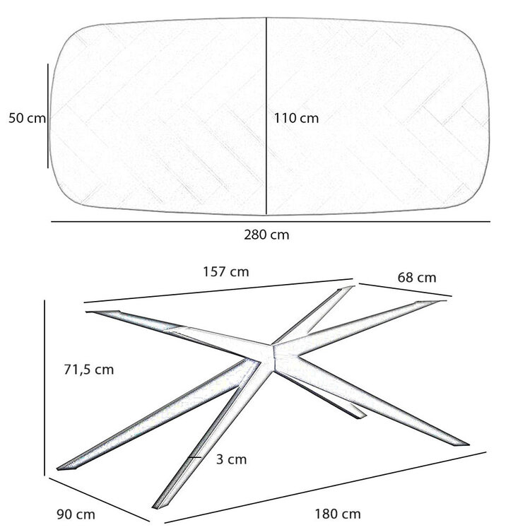 Visgraat eettafel Deens ovaal Ingo PVC 280 x 110 cm