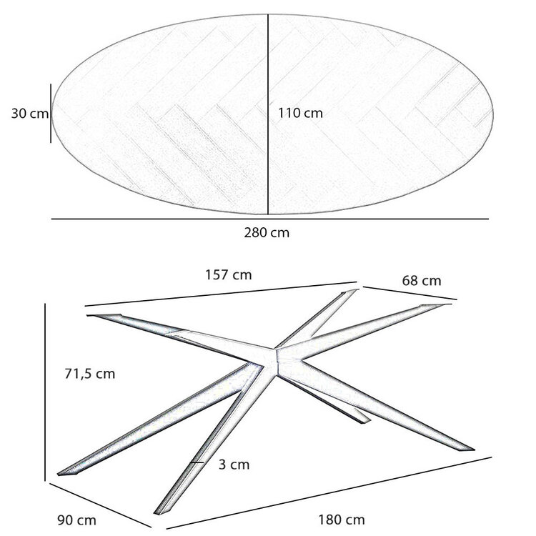 Visgraat eettafel zwart ovaal Ilva PVC 280 x 110 cm