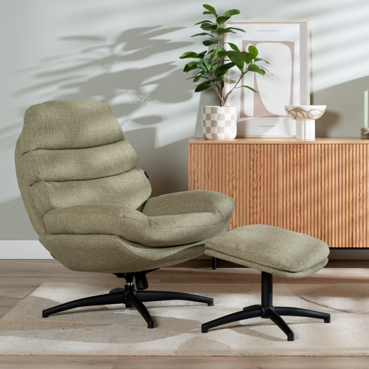 Draaifauteuil met hocker Palma linnen olijfgroen