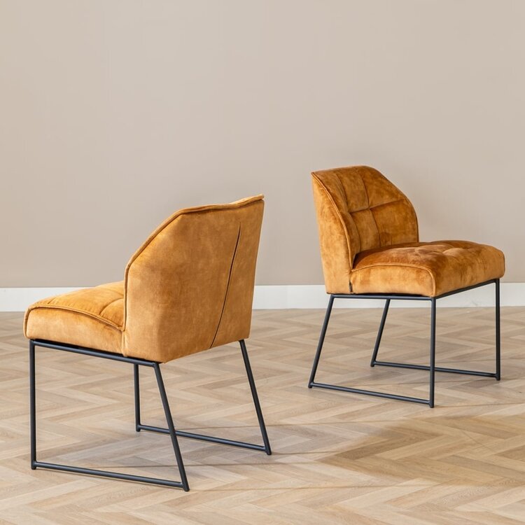 Velvet eetkamerstoel Janna okergeel/cognac