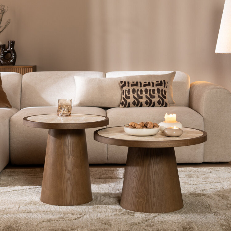Salontafels Mae set van 2 Ø50 en Ø62 cm travertin/rustiek eiken