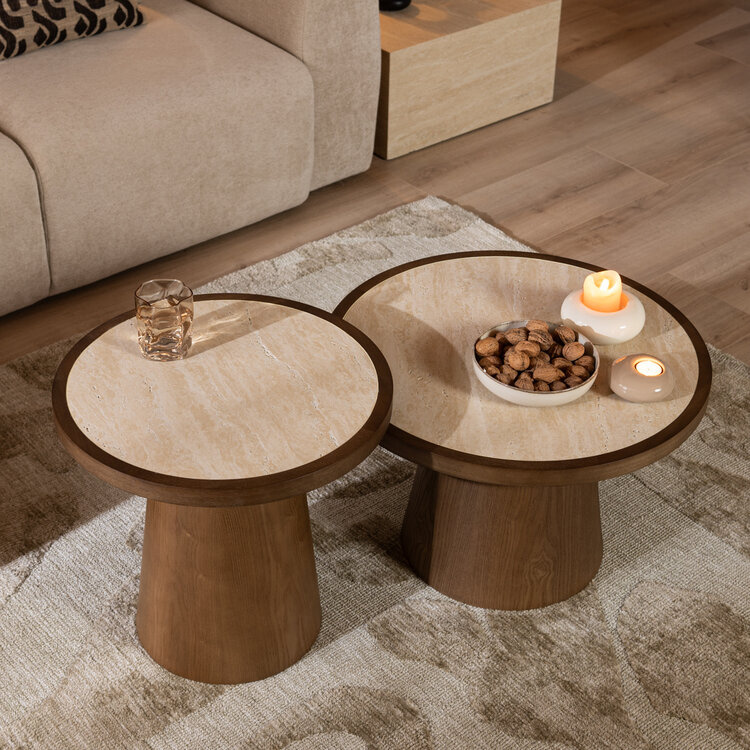 Salontafels Mae set van 2 Ø50 en Ø62 cm travertin/rustiek eiken