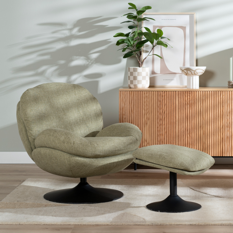 Draaifauteuil met hocker Isobel linnen olijfgroen