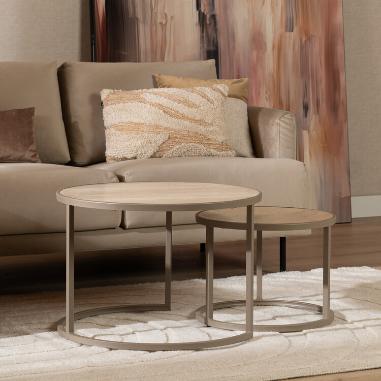 Salontafel Sef set van 2 Ø70 cm en Ø50 cm taupe/travertin