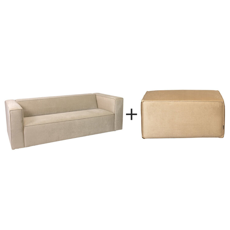 Velvet bank 3-zits en hocker Memphis beige