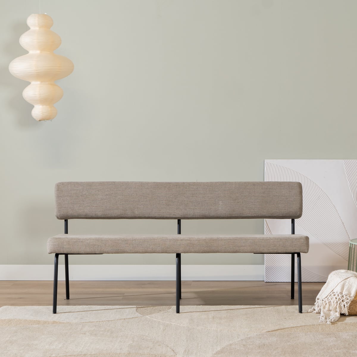 Scandinavische eetkamerbank Espen taupe gerecyclede stof 160 cm