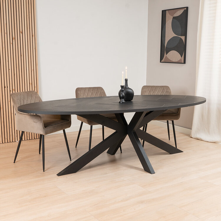 Visgraat eettafel zwart ovaal Joren PVC 240 x 110 cm