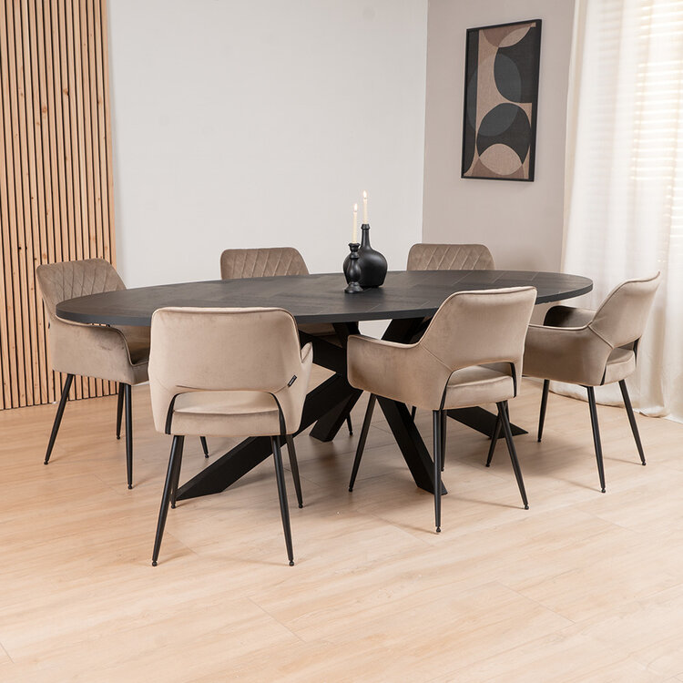 Visgraat eettafel zwart ovaal Joren PVC 240 x 110 cm