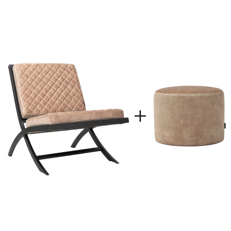 Design fauteuil Madrid velvet en velvet poef Beau taupe
