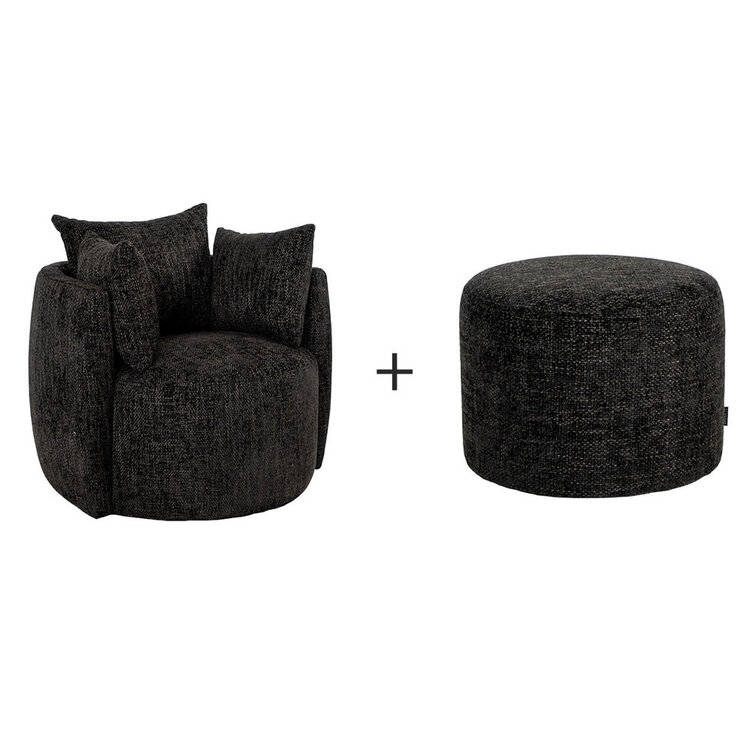 Fauteuil Ruby en poef Feline chenille stof zwart
