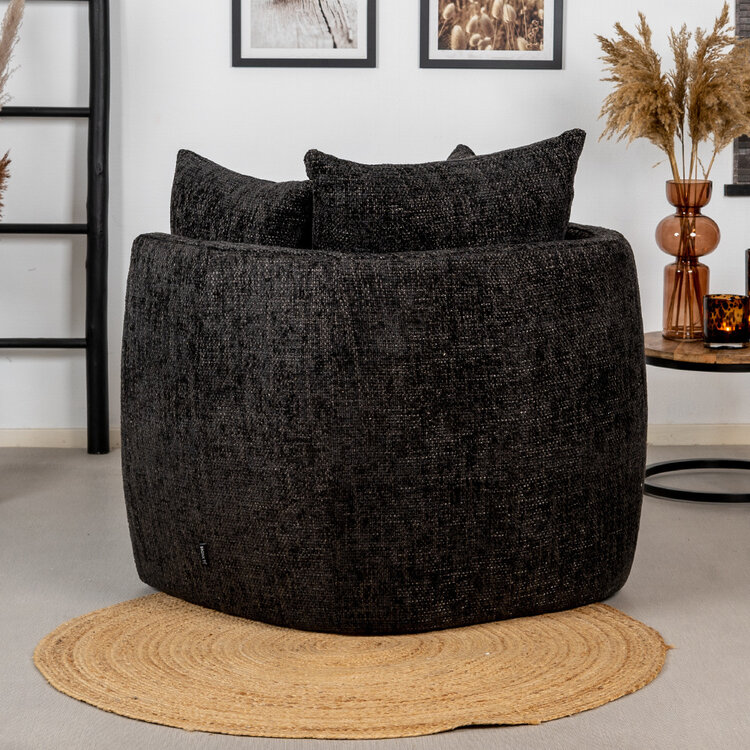Fauteuil Ruby en poef Feline chenille stof zwart