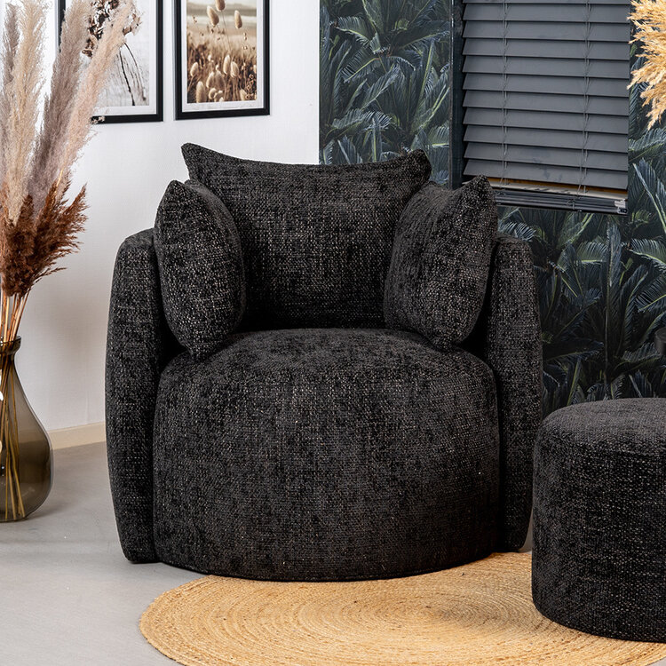 Fauteuil Ruby en poef Feline chenille stof zwart