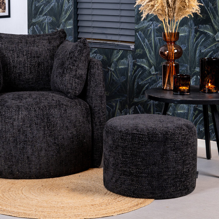 Fauteuil Ruby en poef Feline chenille stof zwart