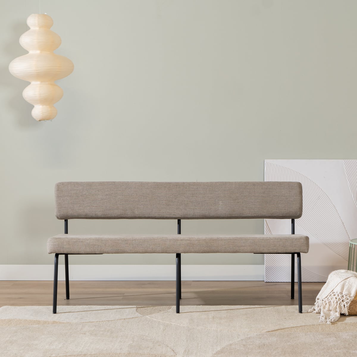 Scandinavische eetkamerbank Espen taupe gerecyclede stof 160 cm