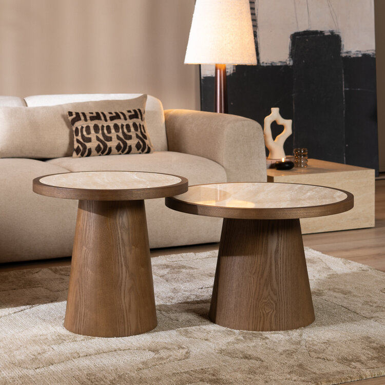 Salontafels Mae set van 2 Ø50 en Ø62 cm travertin/rustiek eiken
