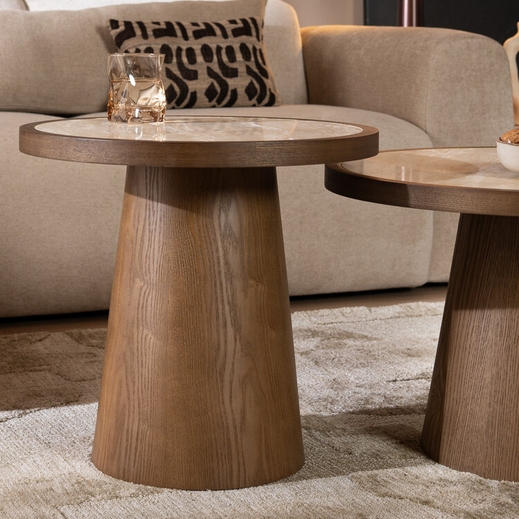 Salontafels Mae set van 2 Ø50 en Ø62 cm travertin/rustiek eiken