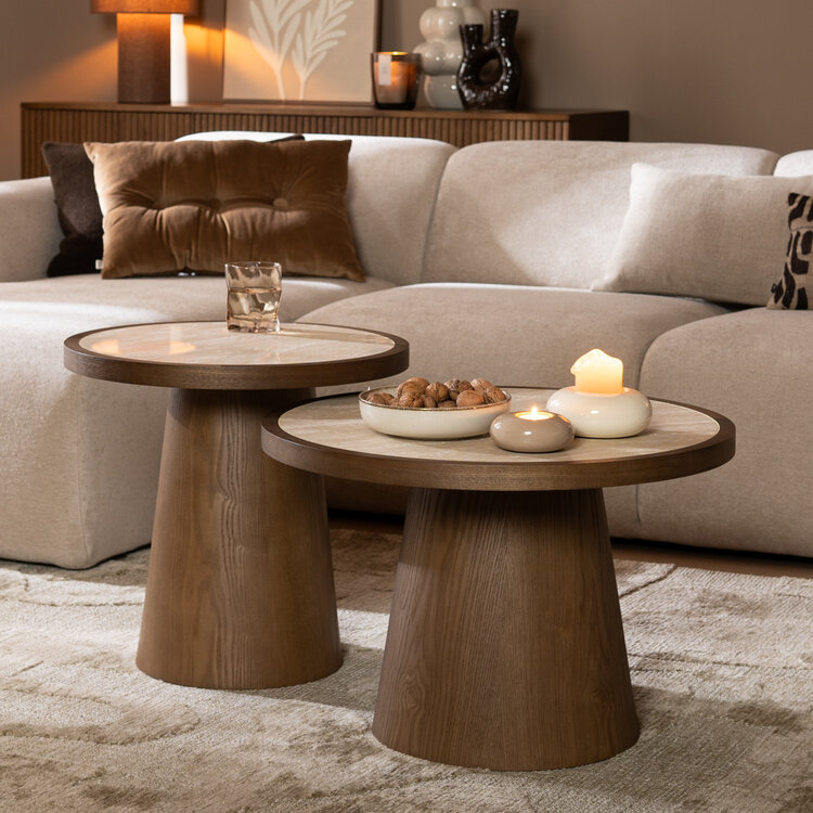 Salontafels Mae set van 2 Ø50 en Ø62 cm travertin/rustiek eiken