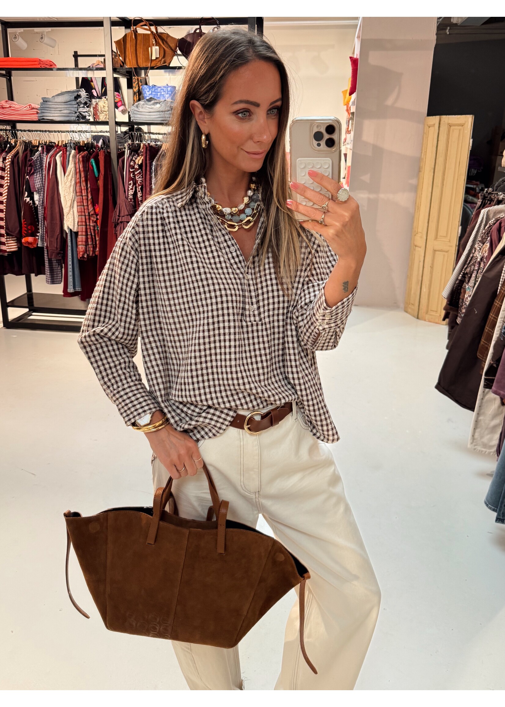 Checkered Blouse - Brown/Creme