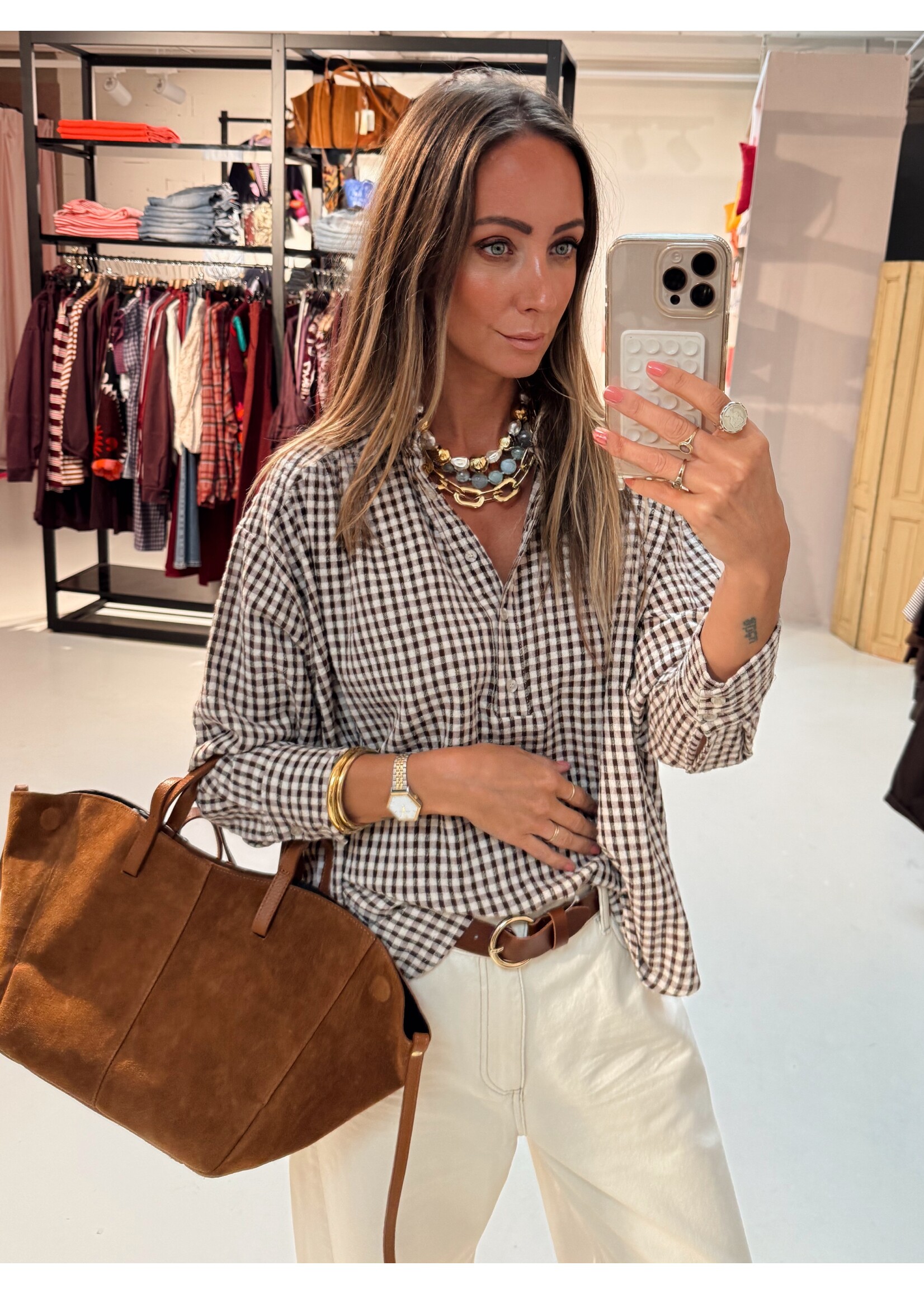Checkered Blouse - Brown/Creme