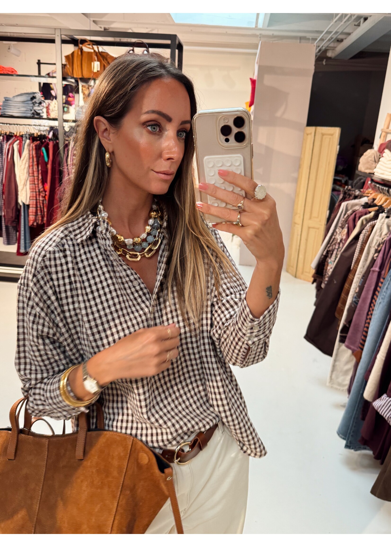 Checkered Blouse - Brown/Creme