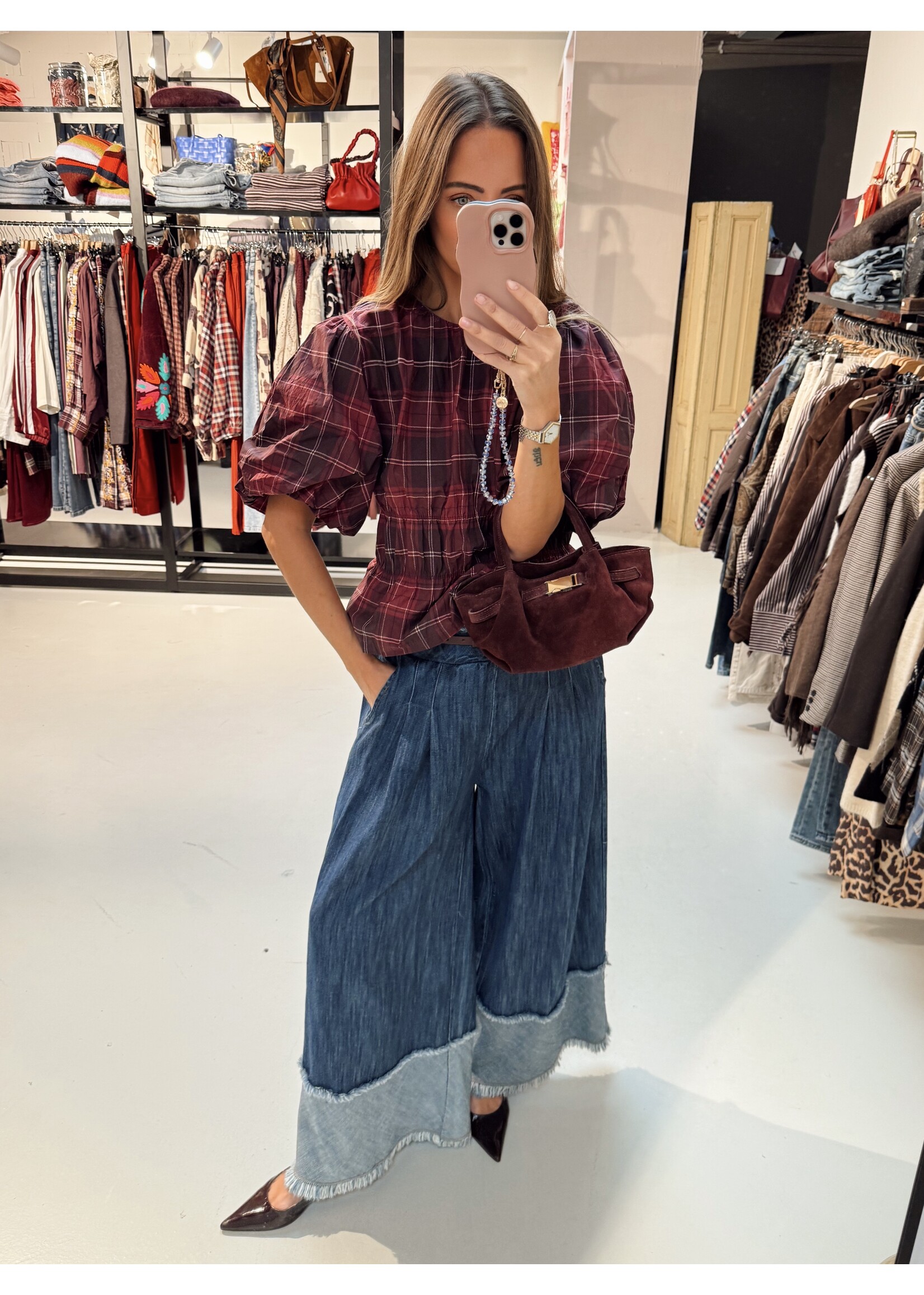 Puffy Checkered Blouse - Burgundy