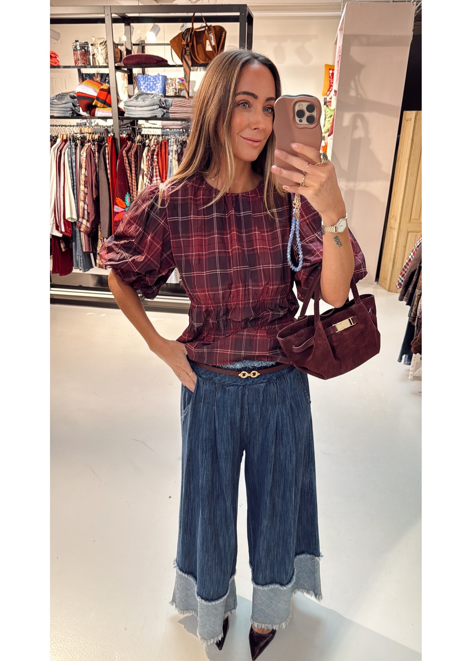 Puffy Checkered Blouse - Burgundy