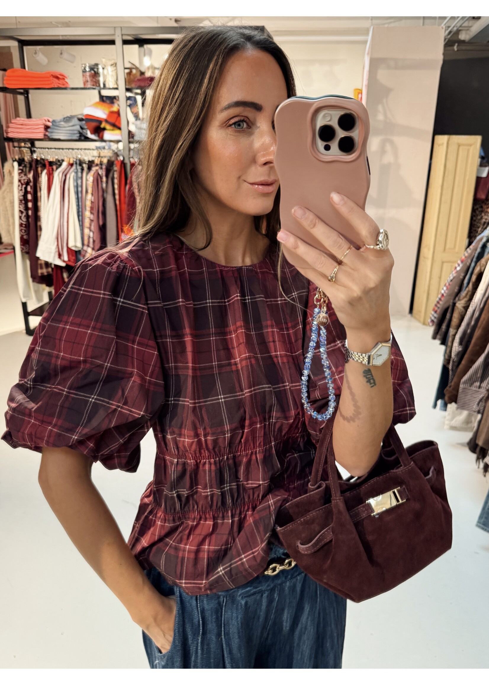 Puffy Checkered Blouse - Burgundy